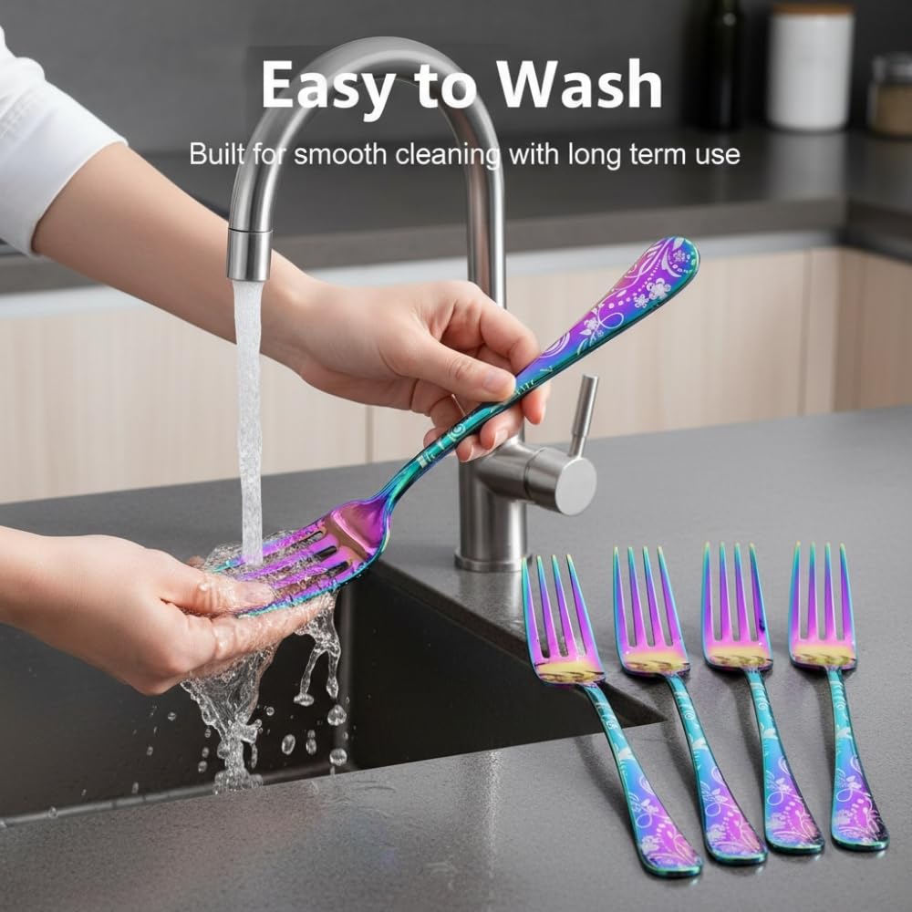 Manishaware 12 Pcs RAINBOW Floral Stainless Dinner Steel Fork set for Kitchen or Dining Table