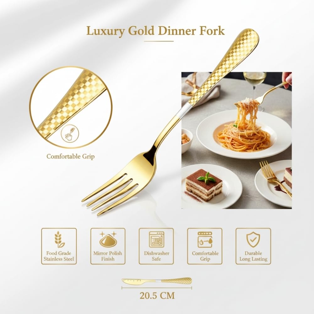 Manishaware 24 Pcs GOLD Checkered Stainless Dinner Steel Fork set for Kitchen or Dining Table