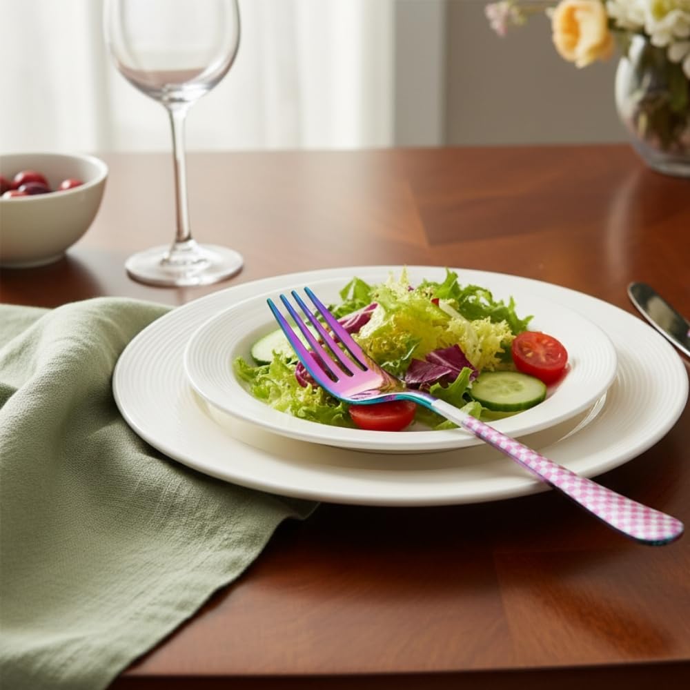 Manishaware 24 Pcs RAINBOW Checkered Stainless Dinner Steel Fork set for Kitchen or Dining Table