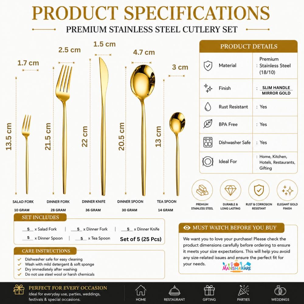 Manishaware Slim Handle Gold 25 Pcs Stainless Steel Cutlery Set for Dining Table, Dishwasher Safe Glossy Flatware (5 spoon set+5 forks set+5 Butter knife+5 Dessert Spoon+5 Fruit Fork)