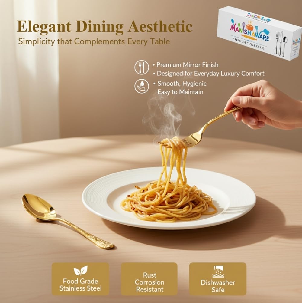 Manishaware Classic Gold 20 Pcs Stainless Steel Cutlery Set for Dining Table, Dishwasher Safe Glossy Flatware (Perfect Spoon Fork Set)