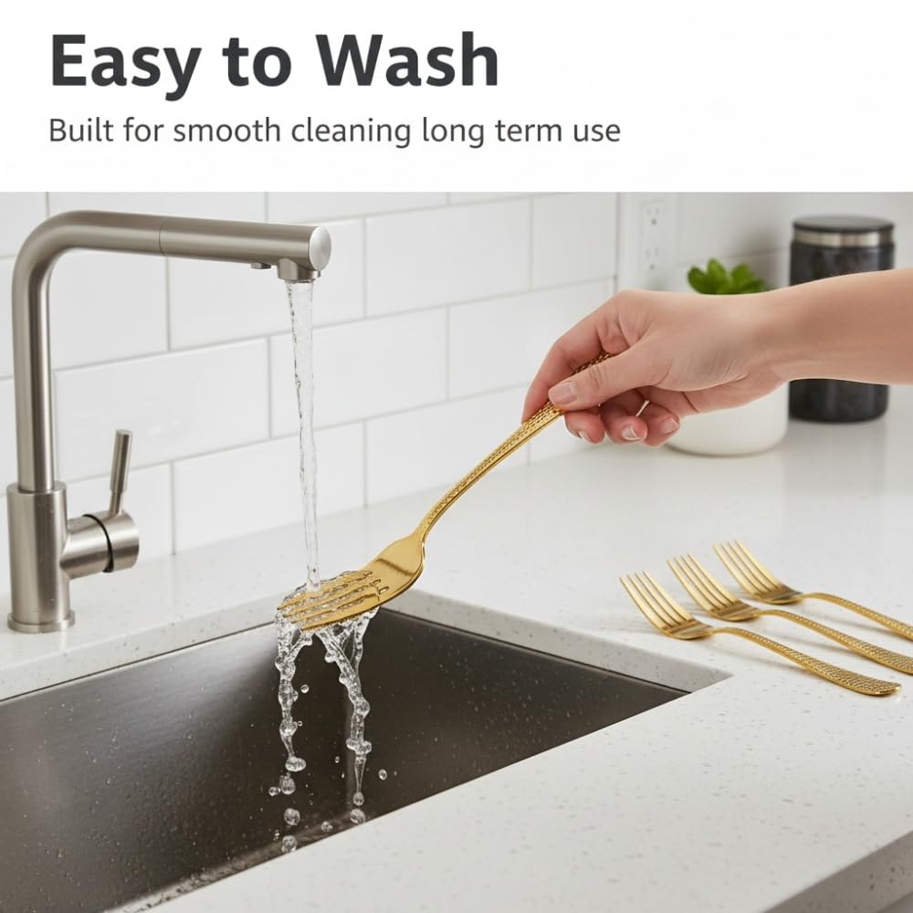Manishaware 24 Pcs GOLD Hammered Stainless Dinner Steel Fork set for Kitchen or Dining Table