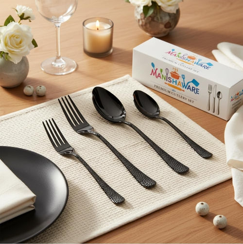 Black Essential Cutlery Set Hammer Design