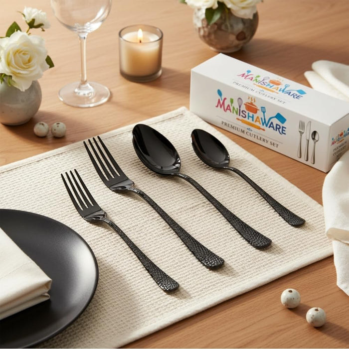 Black Essential Cutlery Set Hammer Design