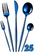 Manishaware Slim Handle Blue 25 Pcs Stainless Steel Cutlery Set for Dining Table, Dishwasher Safe Glossy Flatware (5 spoon set+5 forks set+5 Butter knife+5 Dessert Spoon+5 Fruit Fork)
