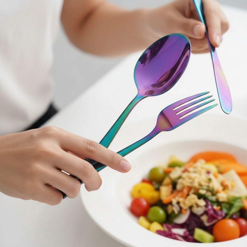 Manishaware Mirror Polished Rainbow 8 Pcs Stainless Steel Cutlery Set for Dining Table, Dishwasher Safe Glossy Flatware (2 spoon set + 2 forks set + 2 Butter knife + 2 Dessert Spoon)