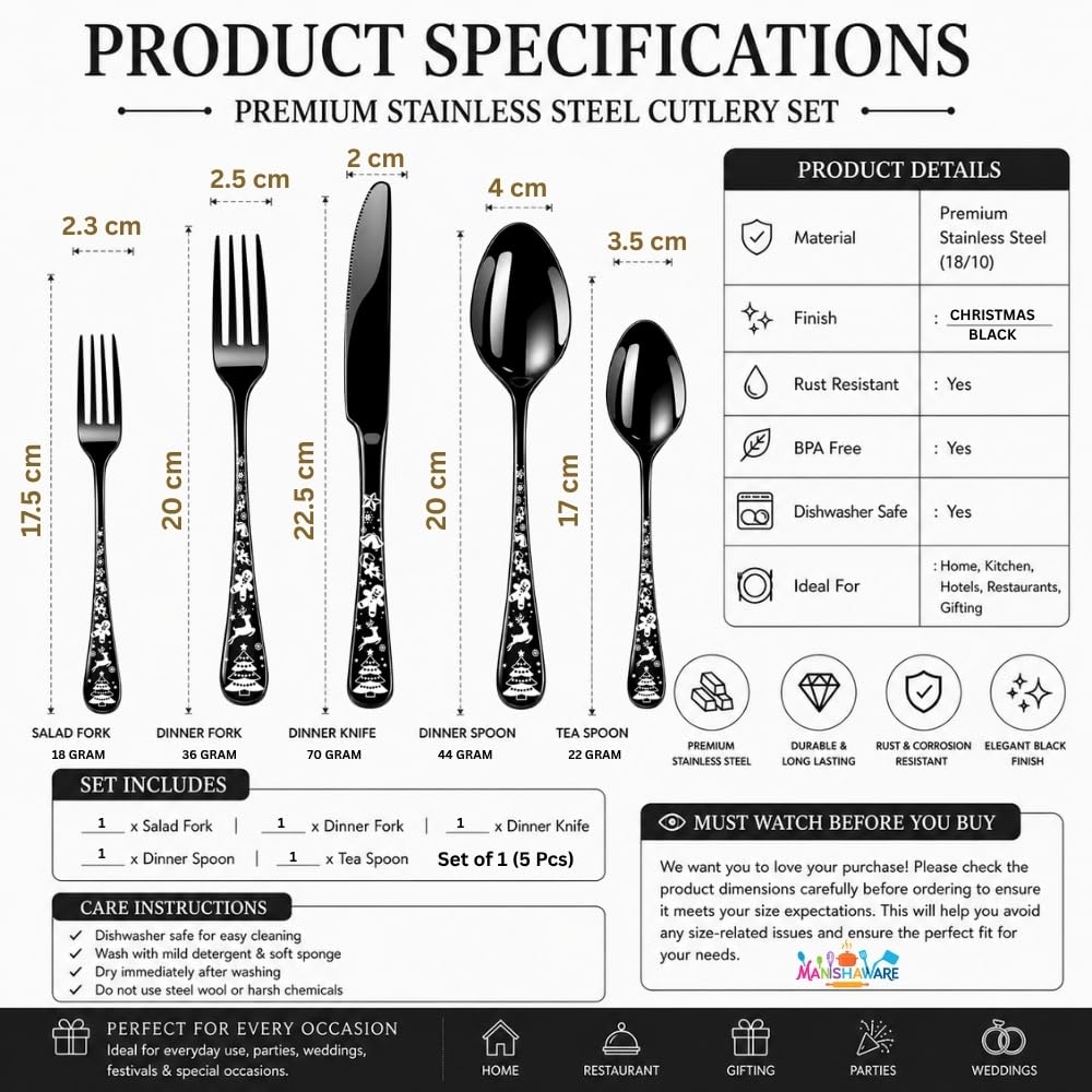 Manishaware Christmas Stainless Steel Cutlery Set for Dining Table, Dishwasher Safe Glossy Flatware (4 spoon set+4 forks set+4 Butter knife+4 Dessert Spoon+ 4 Fruit Fork)