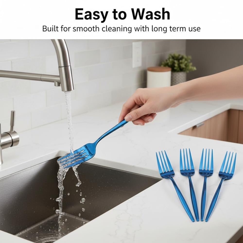 Manishaware 24 Pcs BLUE Slim Handle Stainless Dinner Steel Fork set for Kitchen or Dining Table