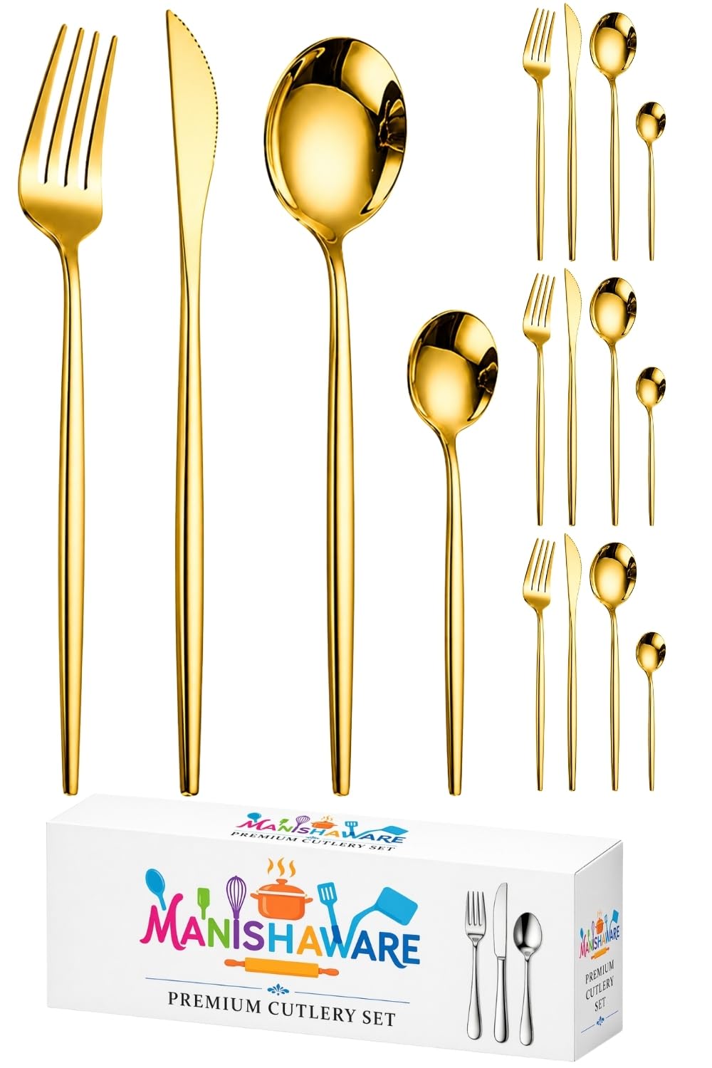 Manishaware Slim Handle Gold 16 Pcs Stainless Steel Cutlery Set for Dining Table, Dishwasher Safe Glossy Flatware (4 spoon set+4 forks set+4 Butter knife+4 Dessert Spoon)