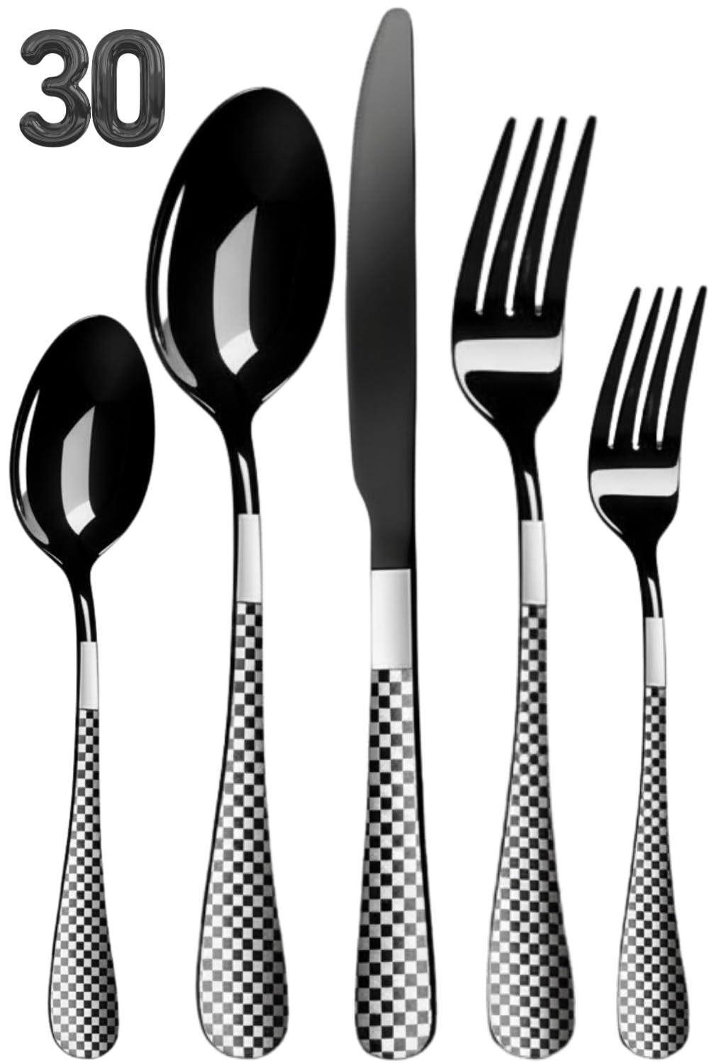Manishaware Checkered 30 Pcs Stainless Steel Cutlery Set for Dining Table, Dishwasher Safe Glossy Flatware (6 spoon set+6 forks set+6 Butter knife+6 Dessert Spoon+ 6 Fruit Fork)