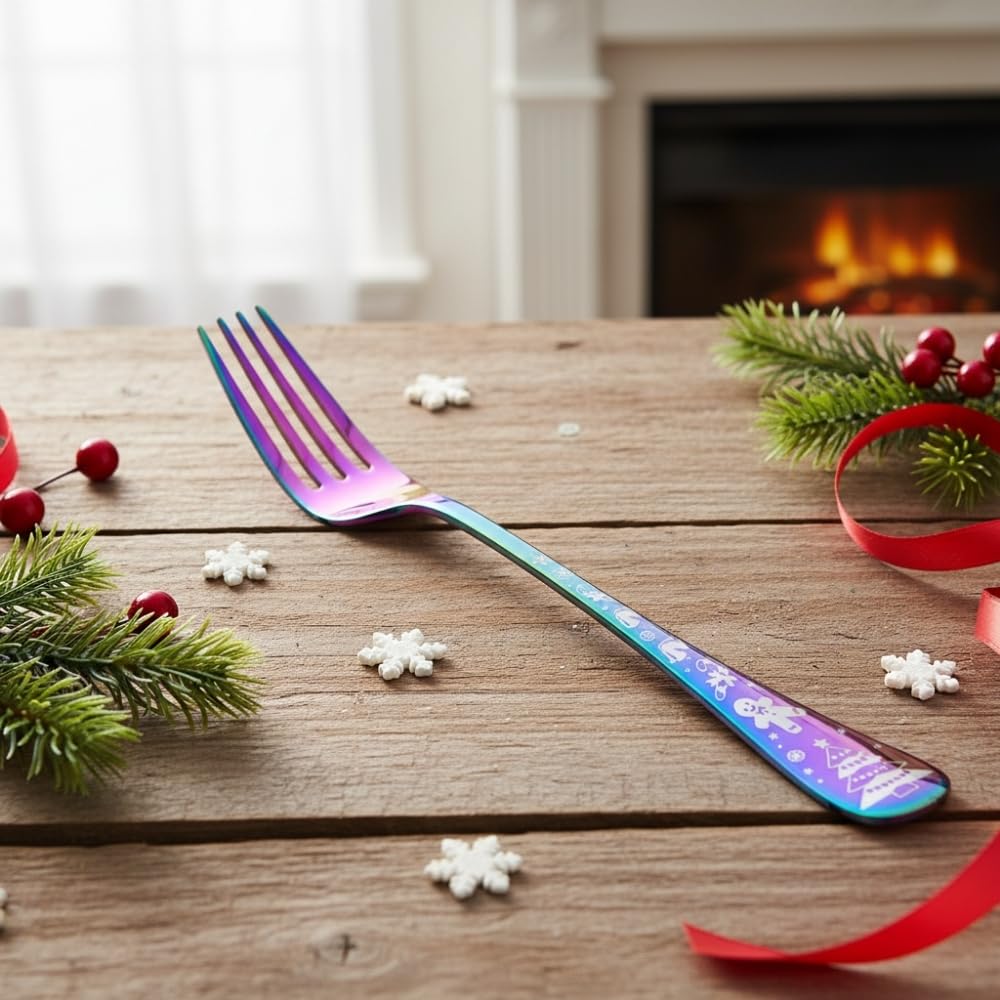 Manishaware 24 Pcs RAINBOW Christmas Stainless Dinner Steel Fork set for Kitchen or Dining Table