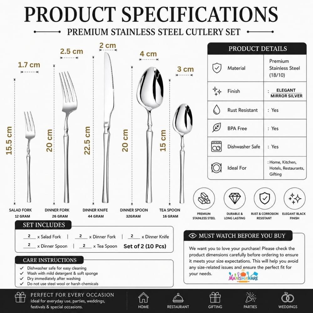 Manishaware Elegant Handle Heavy duty Stainless Steel Cutlery Set for Dining table (spoon set+ forks set+ Butter knife+ Dessert Spoon+ Fuit Fork for kitchen)
