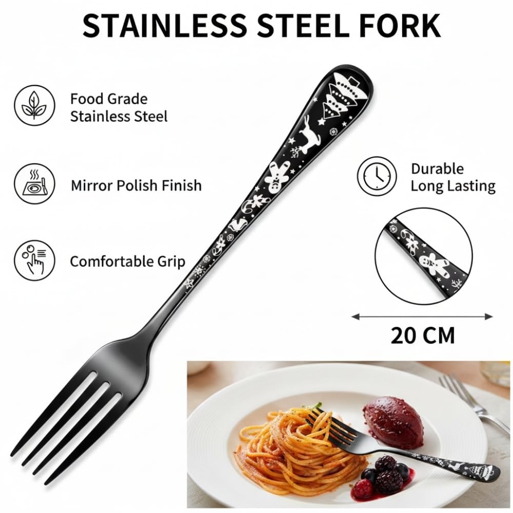 Manishaware 24 Pcs BLACK Christmas Stainless Dinner Steel Fork set for Kitchen or Dining Table