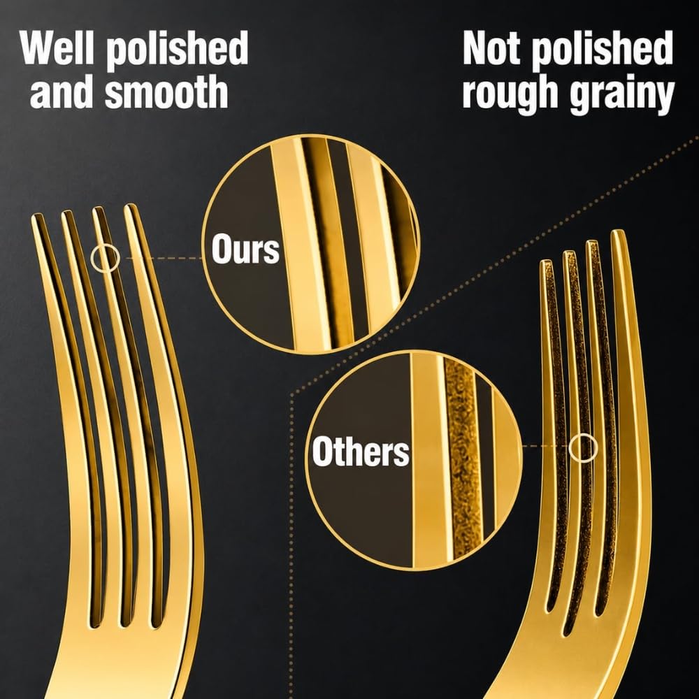 Manishaware Mirror Polished Gold 5 Pcs Stainless Steel Cutlery Set for Dining Table, Dishwasher Safe Glossy Flatware (1 spoon set + 1 forks set + 1 Butter knife + 1 Dessert Spoon + 1 Fruit Fork)