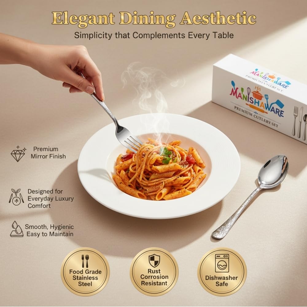 Manishaware Classic Stainless Steel Cutlery Set for Dining Table, Dishwasher Safe Glossy Flatware (Perfect Spoon Fork Set)