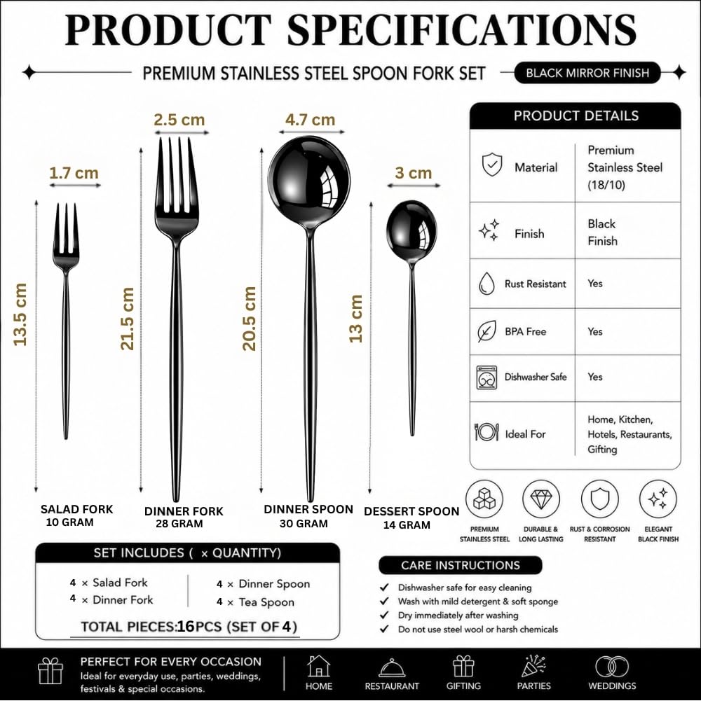 Manishaware Classic Black 16 Pcs Stainless Steel Cutlery Set for Dining Table, Dishwasher Safe Glossy Flatware (Perfect Spoon Fork Set)