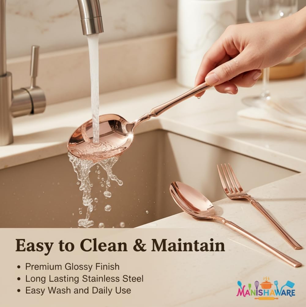 Manishaware Classic Rose Gold 24 Pcs Stainless Steel Cutlery Set for Dining Table, Dishwasher Safe Glossy Flatware (Perfect Spoon Fork Set)
