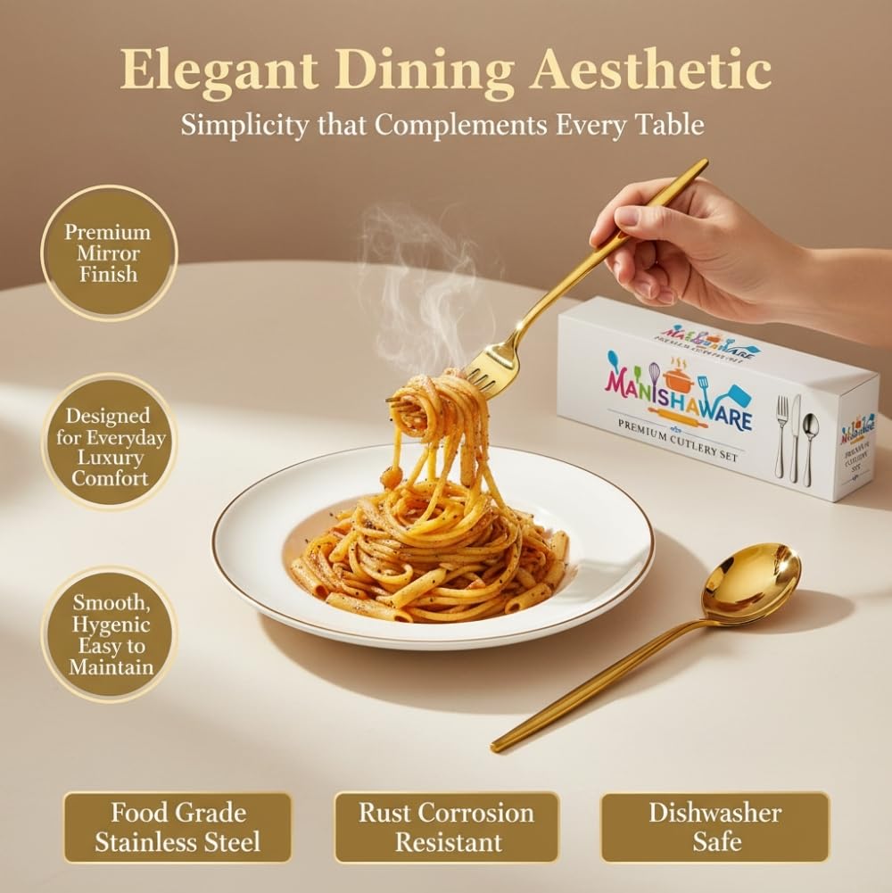Manishaware Classic Gold 12 Pcs Stainless Steel Cutlery Set for Dining Table, Dishwasher Safe Glossy Flatware