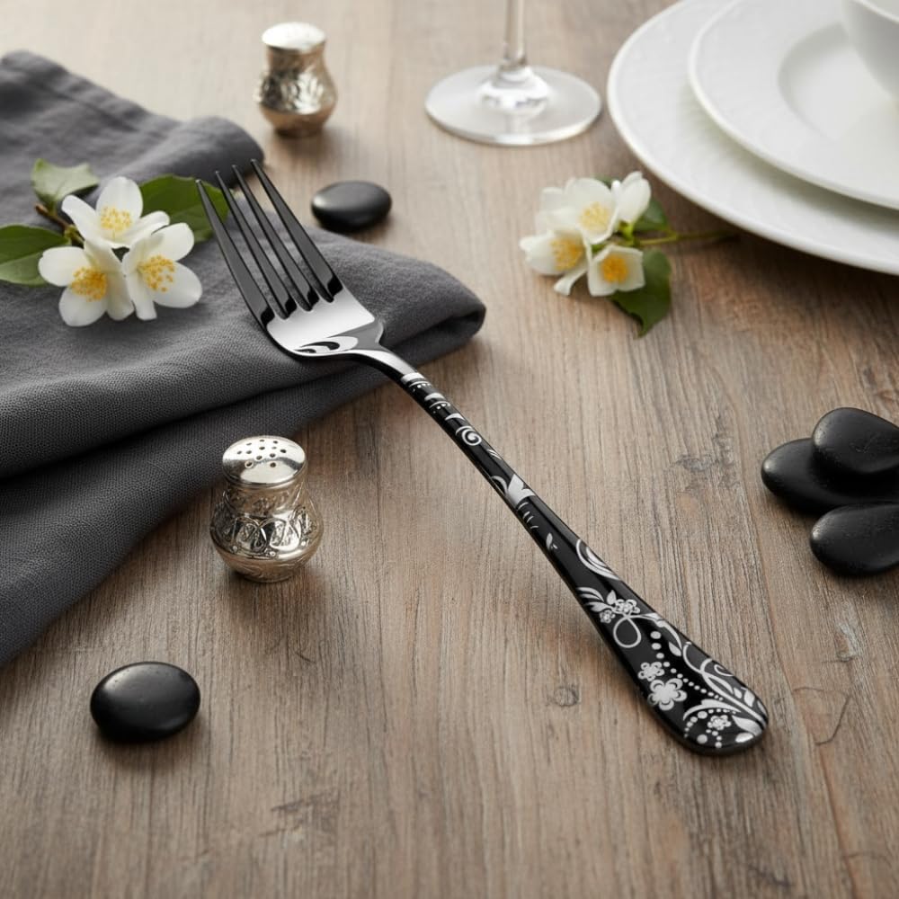 Black Floral fork set, rust resistant stainless steel, a perfect wedding, housewarming, corporate and festival gift