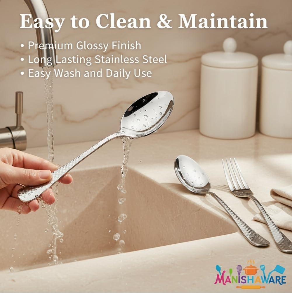 Manishaware Classic Stainless Steel Cutlery Set for Dining Table, Dishwasher Safe Glossy Flatware (Perfect Spoon Fork Set)