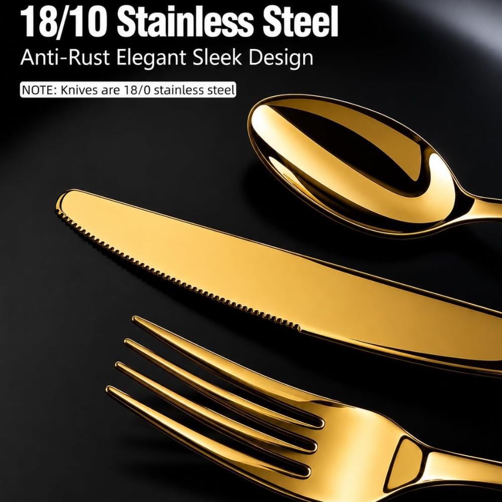 Manishaware Mirror Polished Gold 25 Pcs Stainless Steel Cutlery Set for Dining Table, Dishwasher Safe Glossy Flatware (5 spoon set + 5 forks set + 5 Butter knife + 5 Dessert Spoon + 5 Fruit Fork)