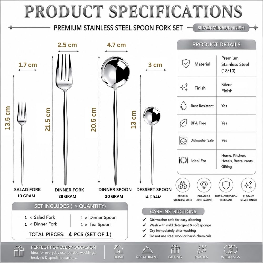 Manishaware Classic Stainless Steel Cutlery Set for Dining Table, Dishwasher Safe Glossy Flatware (Perfect Spoon Fork Set)