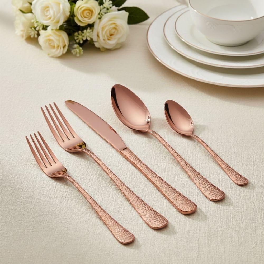 Manishaware Hammered 30 Pcs Stainless Steel Cutlery Set for Dining Table, Dishwasher Safe Glossy Flatware (6 spoon set+6 forks set+6 Butter knife+6 Dessert Spoon+ 6 Fruit Fork)