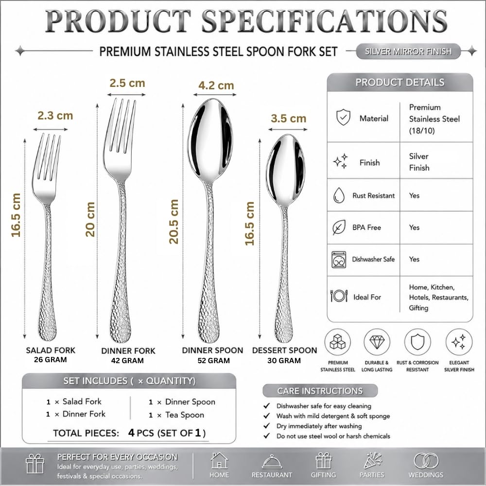 Manishaware Classic Stainless Steel Cutlery Set for Dining Table, Dishwasher Safe Glossy Flatware (Perfect Spoon Fork Set)