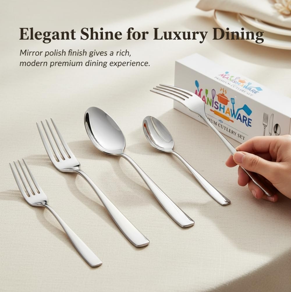 Manishaware Classic Silver 24 Pcs Stainless Steel Cutlery Set for Dining Table, Dishwasher Safe Glossy Flatware (Perfect Spoon Fork Set)
