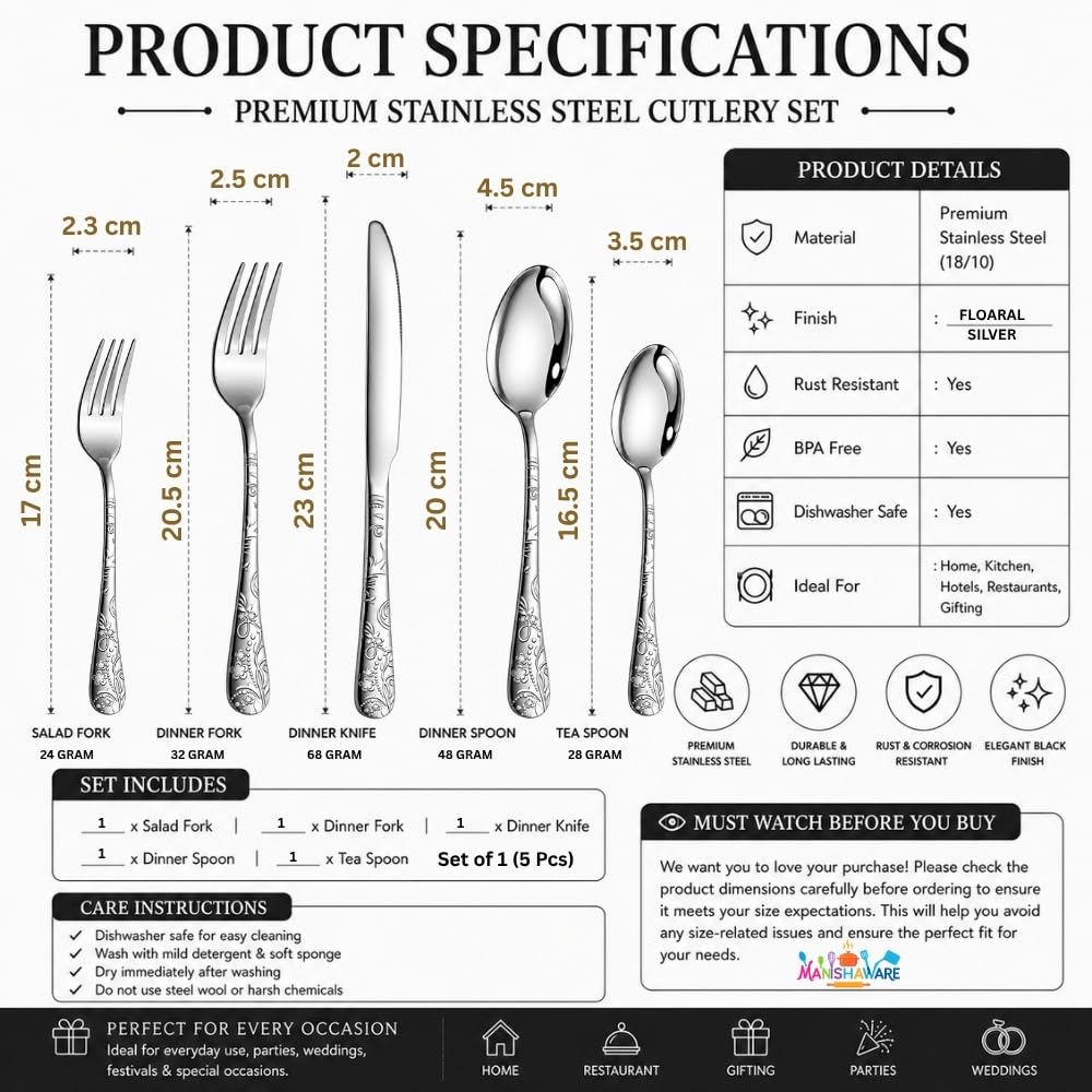 Manishaware Floral Stainless Steel Cutlery Set for Dining Table, Dishwasher Safe Glossy Flatware (4 spoon set+4 forks set+4 Butter knife+4 Dessert Spoon+ 4 FruitFork)