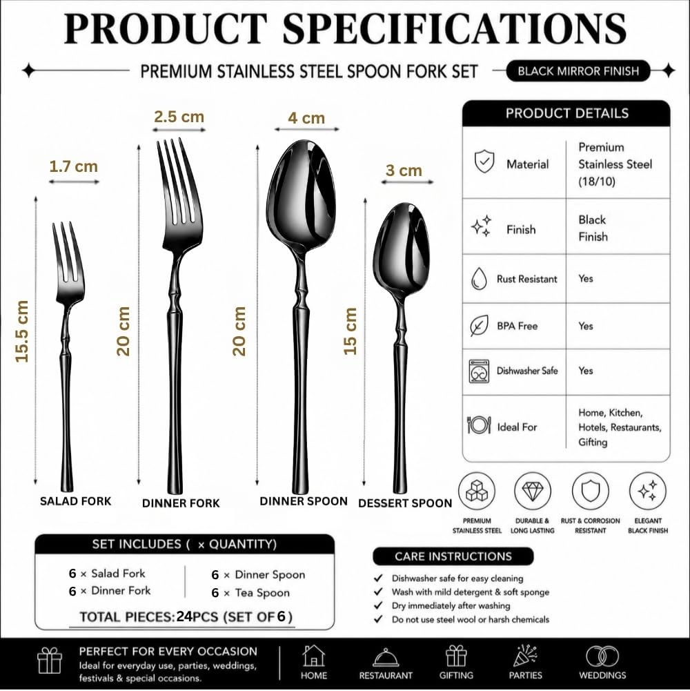 Manishaware Classic Black 24 Pcs Stainless Steel Cutlery Set for Dining Table, Dishwasher Safe Glossy Flatware (Perfect Spoon Fork Set)
