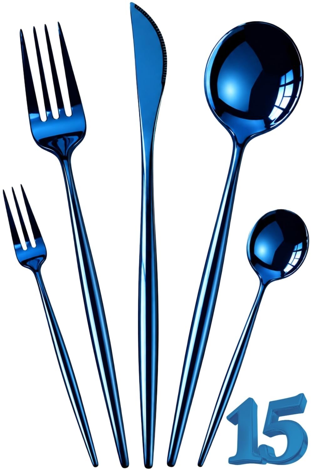 Manishaware Slim Handle Blue 15 Pcs Stainless Steel Cutlery Set for Dining Table, Dishwasher Safe Glossy Flatware (3 spoon set+3 forks set+3 Butter knife+3 Dessert Spoon+ 3 Fruit Fork)