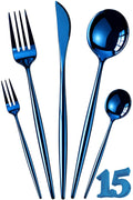 Manishaware Slim Handle Blue 15 Pcs Stainless Steel Cutlery Set for Dining Table, Dishwasher Safe Glossy Flatware (3 spoon set+3 forks set+3 Butter knife+3 Dessert Spoon+ 3 Fruit Fork)