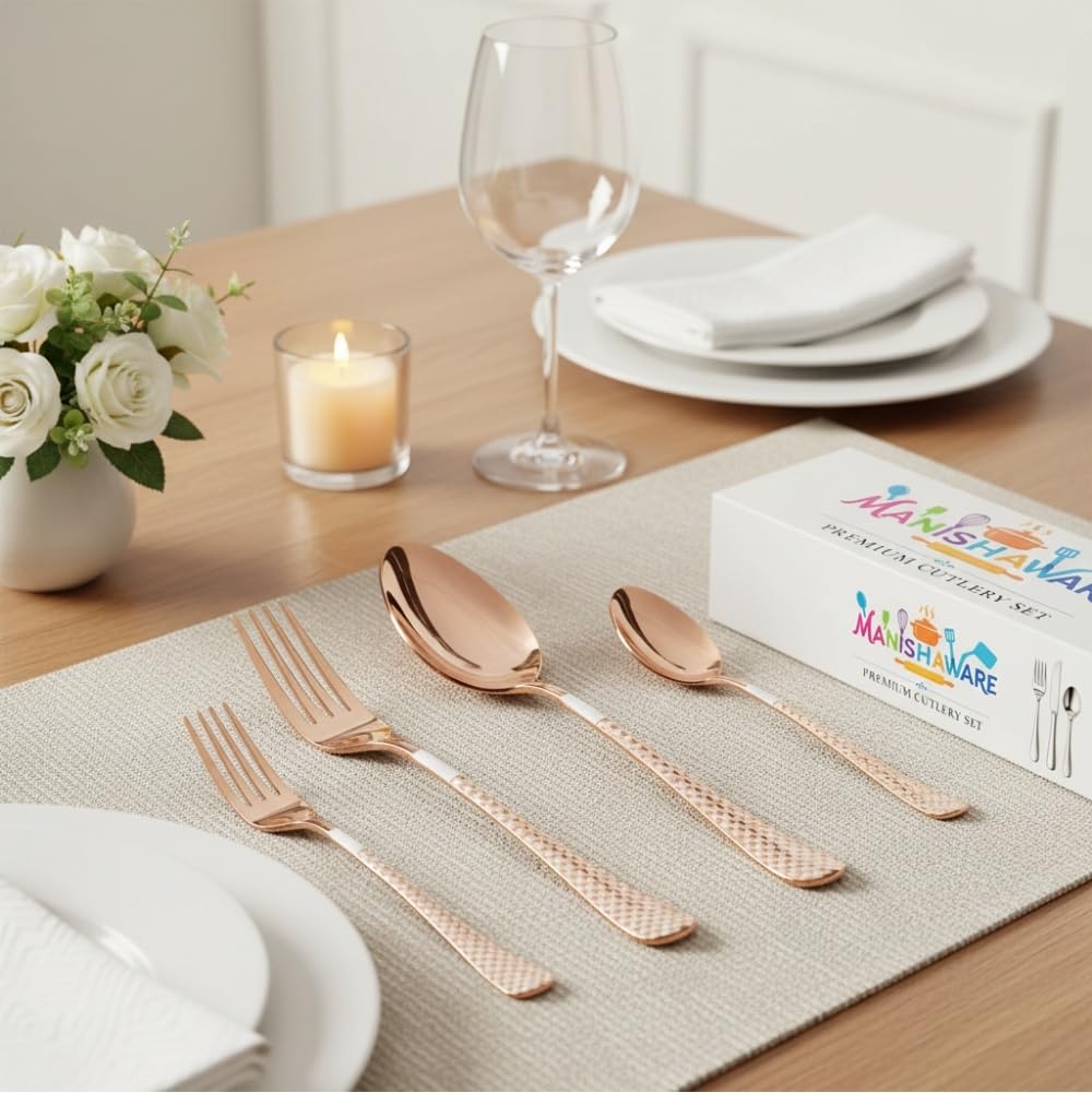 Rose Gold Checker Indian cutlery set, rust resistant stainless steel, a perfect wedding, housewarming, corporate and festival gift
