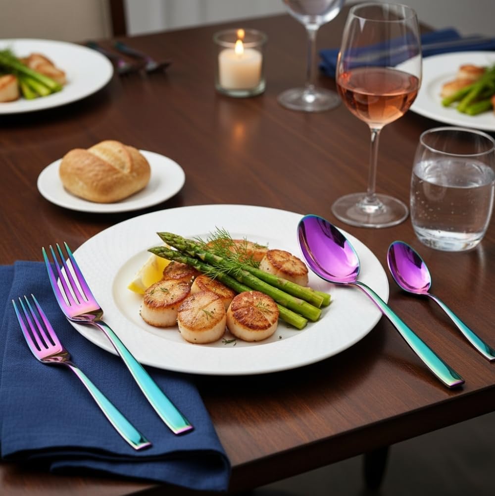 Manishaware Classic Rainbow 24 Pcs Stainless Steel Cutlery Set for Dining Table, Dishwasher Safe Glossy Flatware (Perfect Spoon Fork Set)