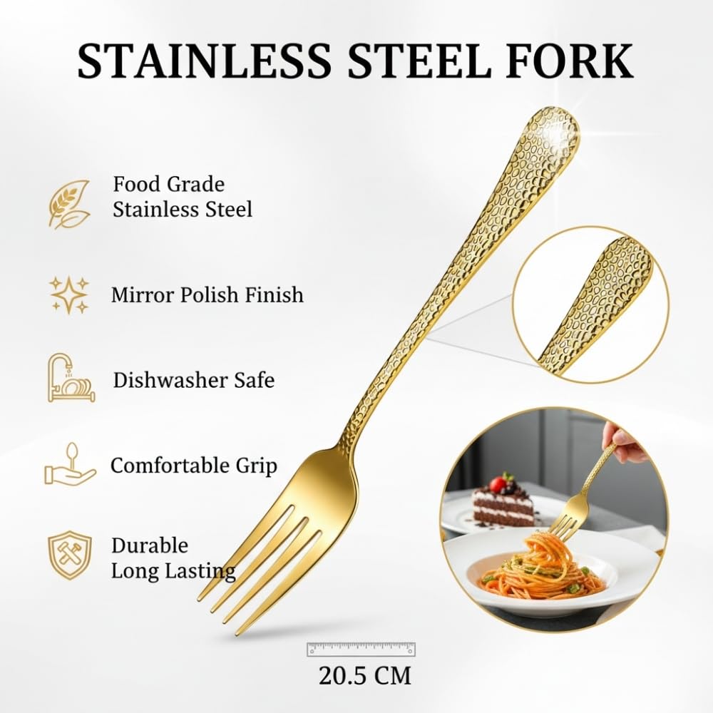 Manishaware 24 Pcs GOLD Hammered Stainless Dinner Steel Fork set for Kitchen or Dining Table