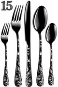 Manishaware Floral Black 15 Pcs Stainless Steel Cutlery Set for Dining Table, Dishwasher Safe Glossy Flatware (3 spoon set+3 forks set+3 Butter knife+3 Dessert Spoon+ 3 FruitFork)