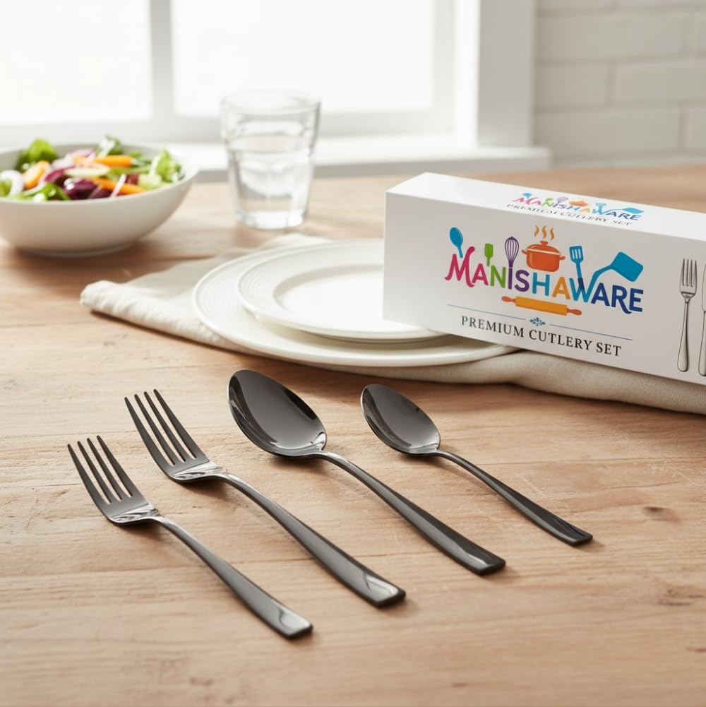 Manishaware Classic Stainless Steel Cutlery Set for Dining Table, Dishwasher Safe Glossy Flatware (Perfect Spoon Fork Set)