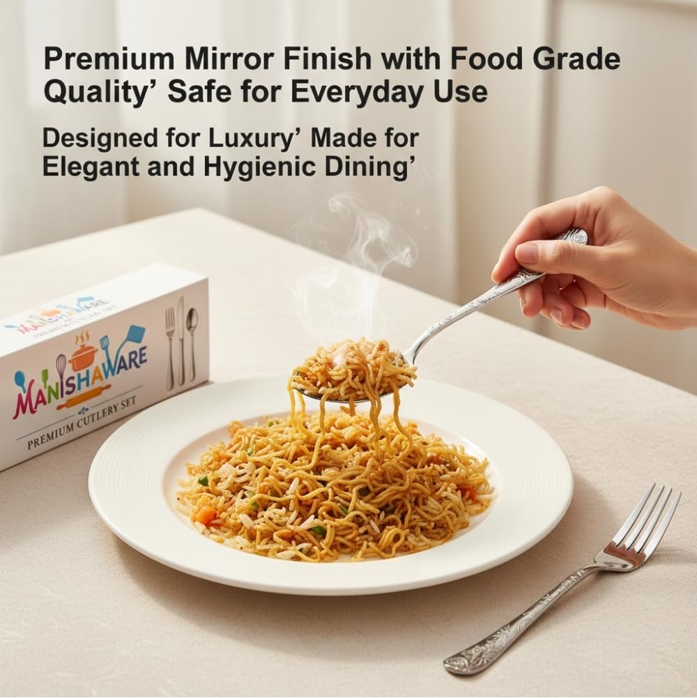 Manishaware Classic Stainless Steel Cutlery Set for Dining Table, Dishwasher Safe Glossy Flatware (Perfect Spoon Fork Set)