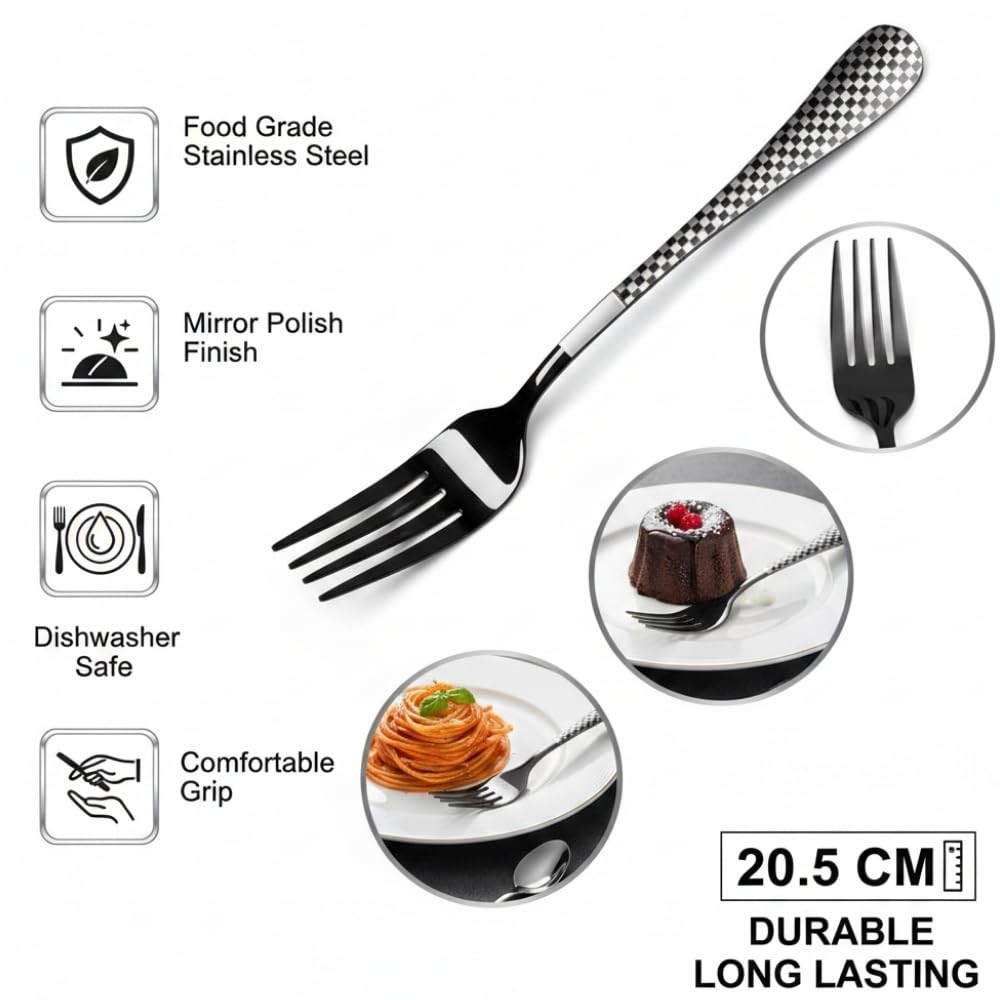 Manishaware 24 Pcs BLACK Checkered Stainless Dinner Steel Fork set for Kitchen or Dining Table