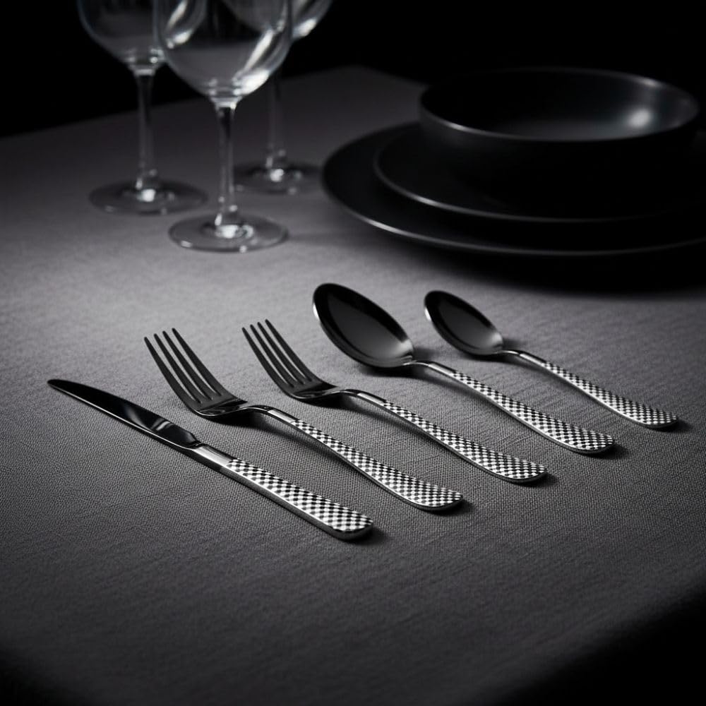 Manishaware Checkered 30 Pcs Stainless Steel Cutlery Set for Dining Table, Dishwasher Safe Glossy Flatware (6 spoon set+6 forks set+6 Butter knife+6 Dessert Spoon+ 6 Fruit Fork)