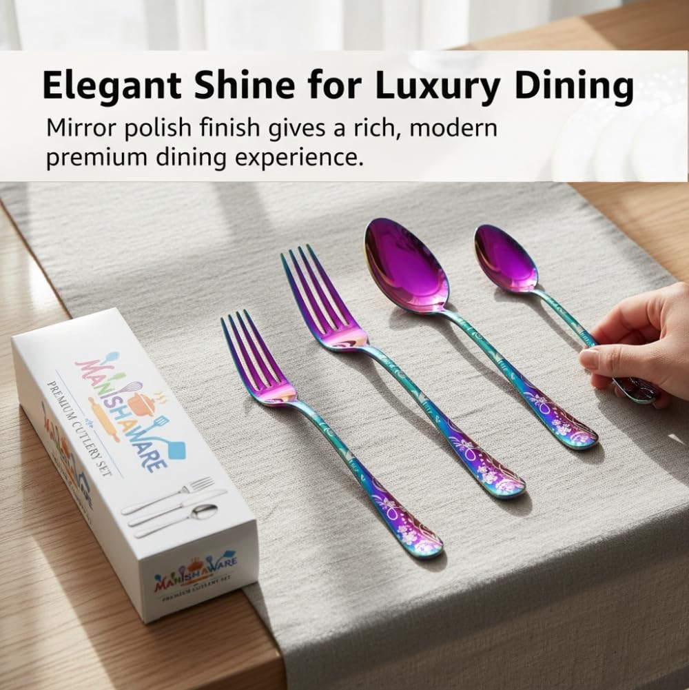 Rose Gold Indian cutlery set, Floral design, 4 Pcs, a perfect wedding, housewarming, corporate and festival gift