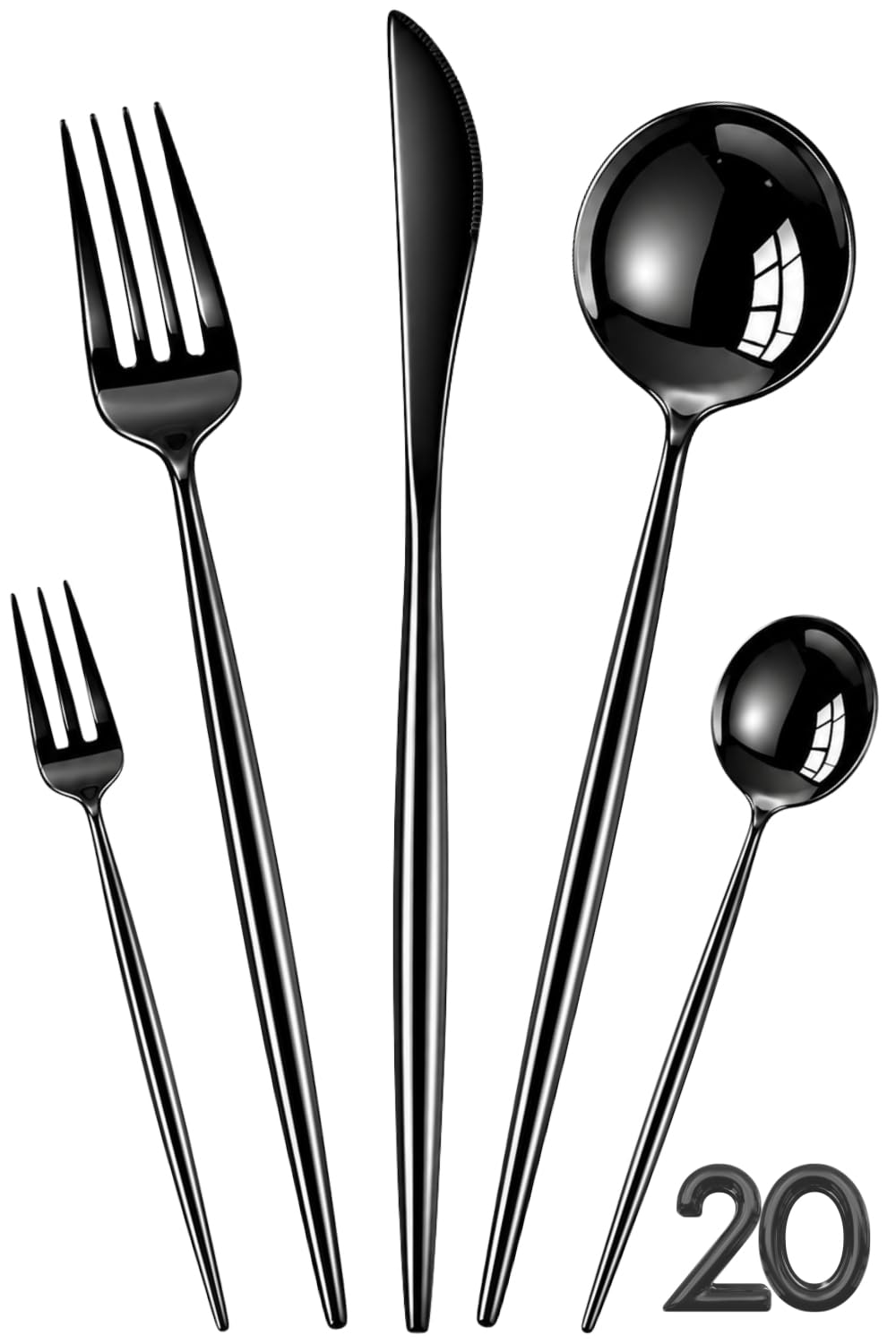 Manishaware Slim Handle Black 20 Pcs Stainless Steel Cutlery Set for Dining Table, Dishwasher Safe Glossy Flatware (4 spoon set+4 forks set+4 Butter knife+4 Dessert Spoon+ 4 Fruit Fork)