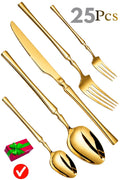 Manishaware Elegant Handle Gold 25 Pcs Heavy duty Stainless Steel Cutlery Set for Dining table (5 pcs spoon set+5 pcs forks set+5 pcs Butter knife+5 pcs Dessert Spoon+5 Pcs Fuit Fork for kitchen)