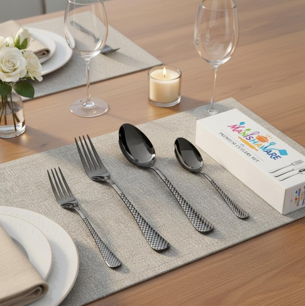 Black Checker Indian cutlery set, rust resistant stainless steel, a perfect wedding, housewarming, corporate and festival gift