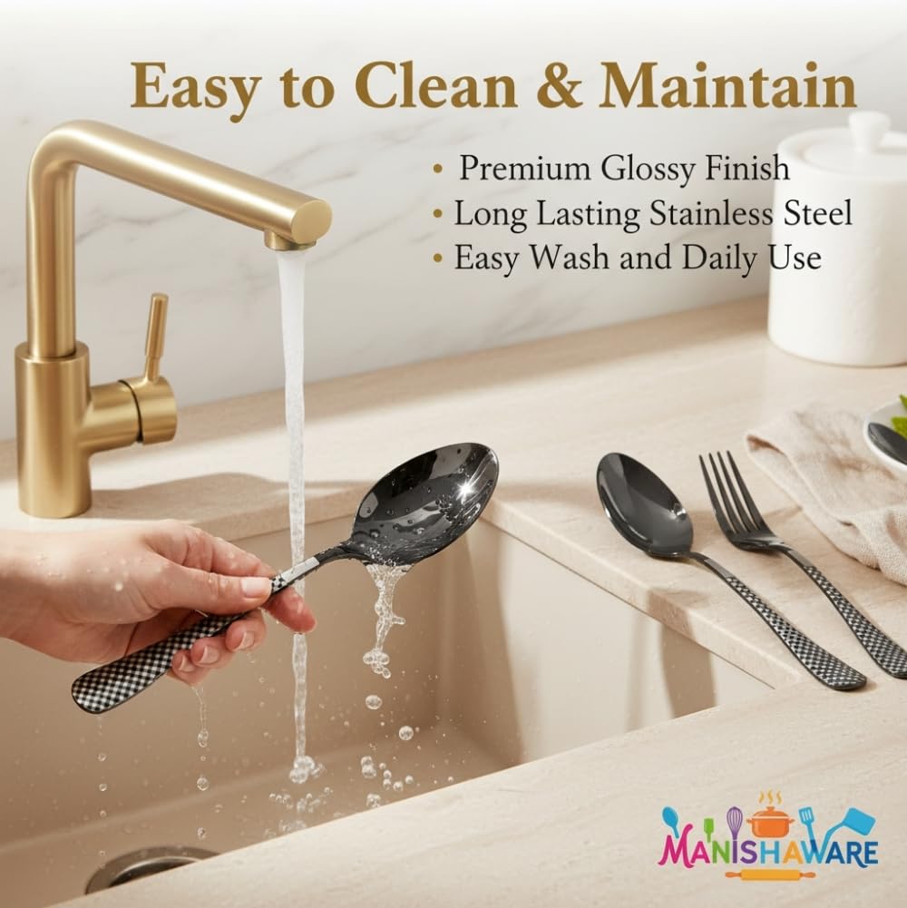 Manishaware Classic Black 8 Pcs Stainless Steel Cutlery Set for Dining Table, Dishwasher Safe Glossy Flatware (Perfect Spoon Fork Set)