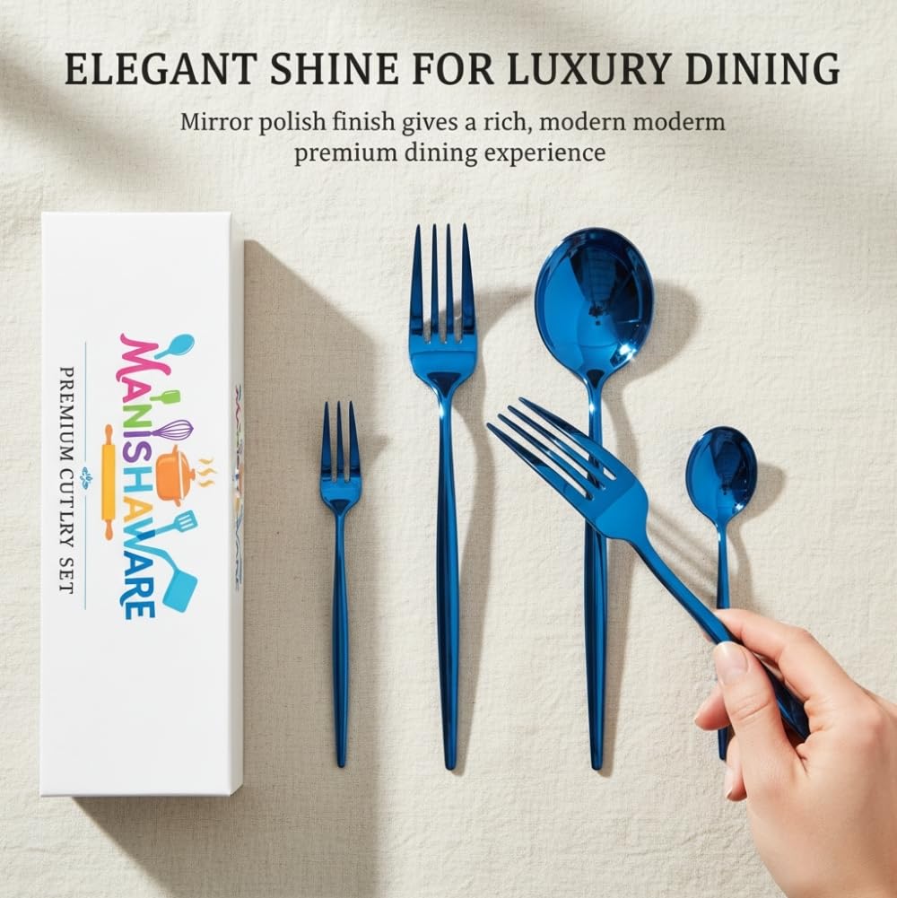 Manishaware Classic Blue 24 Pcs Stainless Steel Cutlery Set for Dining Table, Dishwasher Safe Glossy Flatware (Perfect Spoon Fork Set)