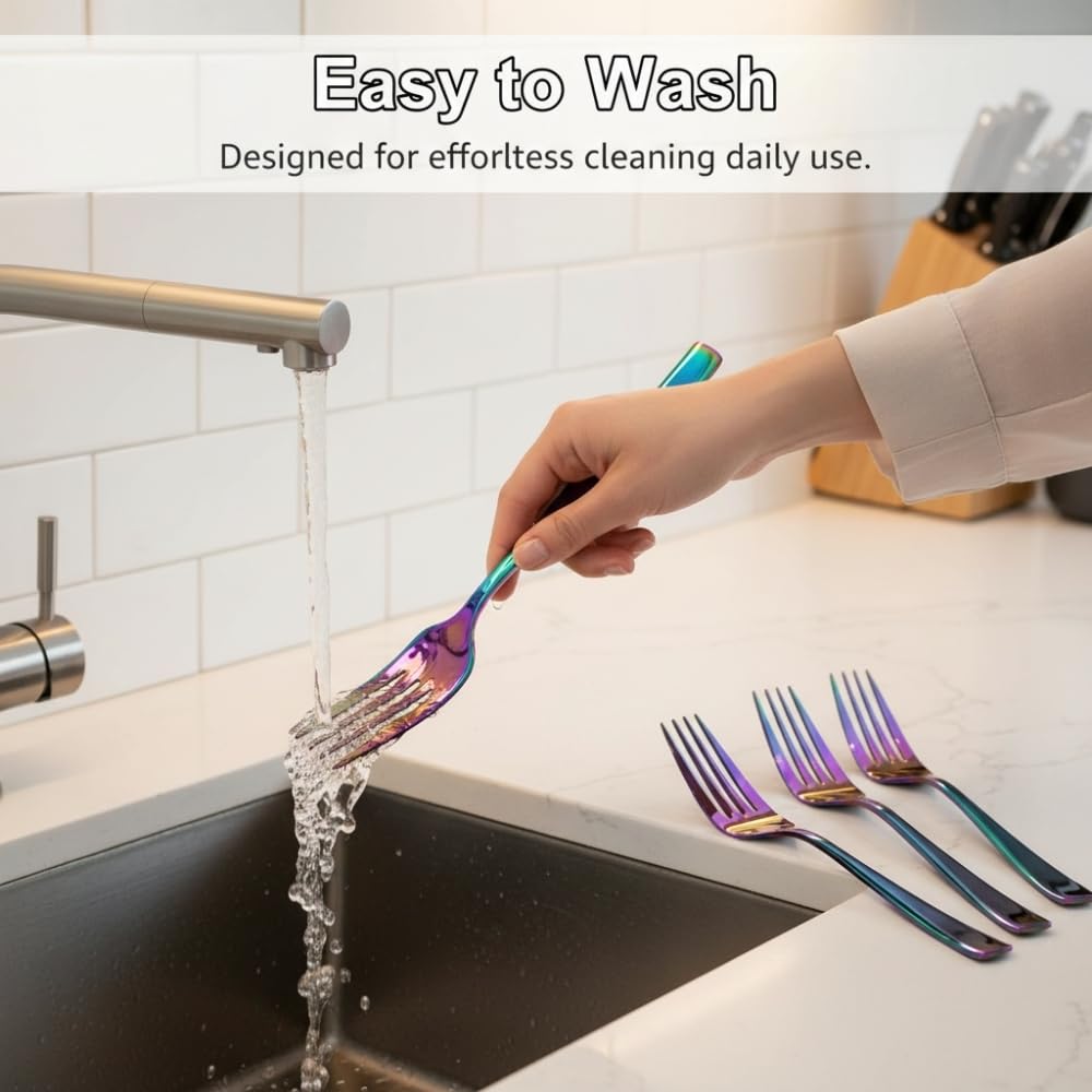 Manishaware 24 Pcs RAINBOW Mirror Polished Stainless Dinner Steel Fork set for Kitchen or Dining Table