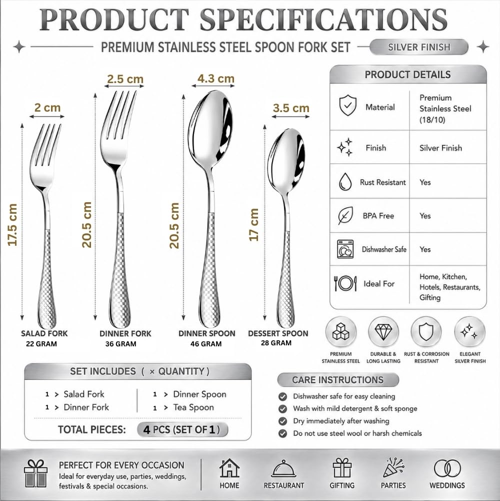 Manishaware Classic Stainless Steel Cutlery Set for Dining Table, Dishwasher Safe Glossy Flatware (Perfect Spoon Fork Set)