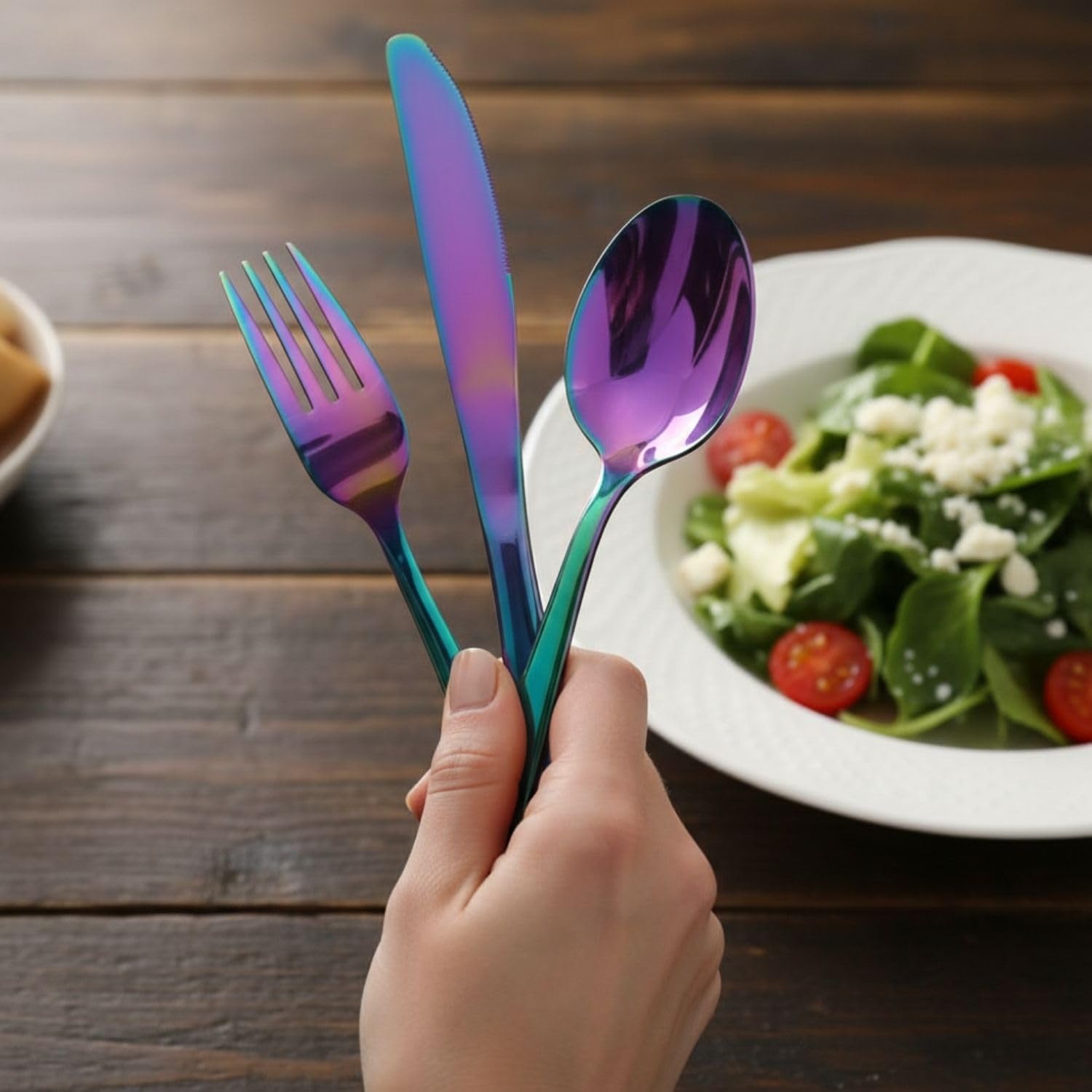 Manishaware Mirror Polished Rainbow 24 Pcs Stainless Steel Cutlery Set for Dining Table, Dishwasher Safe Glossy Flatware (6 spoon set + 6 forks set + 6 Butter knife + 6 Dessert Spoon)